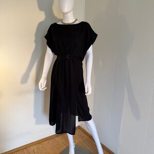Prologue NWOT Black Sheer, D Ring Belt, Asymmetrical, Cap Sleeve, Medium Dress